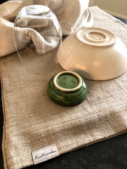 Natural Flax Linen & Wool Dish Drying Mat with Rural Route Seven label, clean dishes and linen tea towel