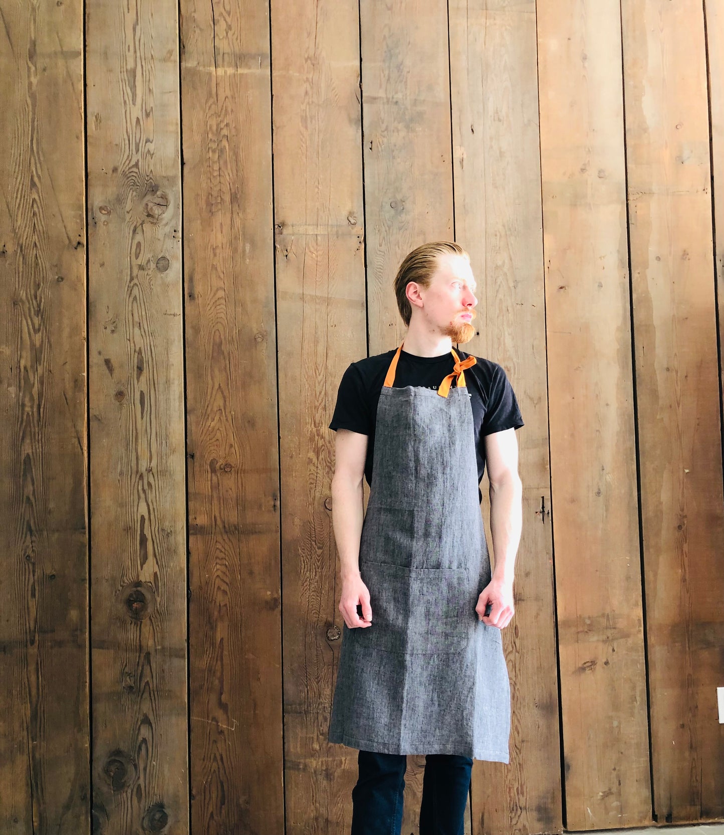 Stonewashed Men's Linen Apron - Grey/Black Melange