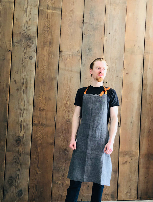 Stonewashed Men's Linen Apron - Grey/Black Melange