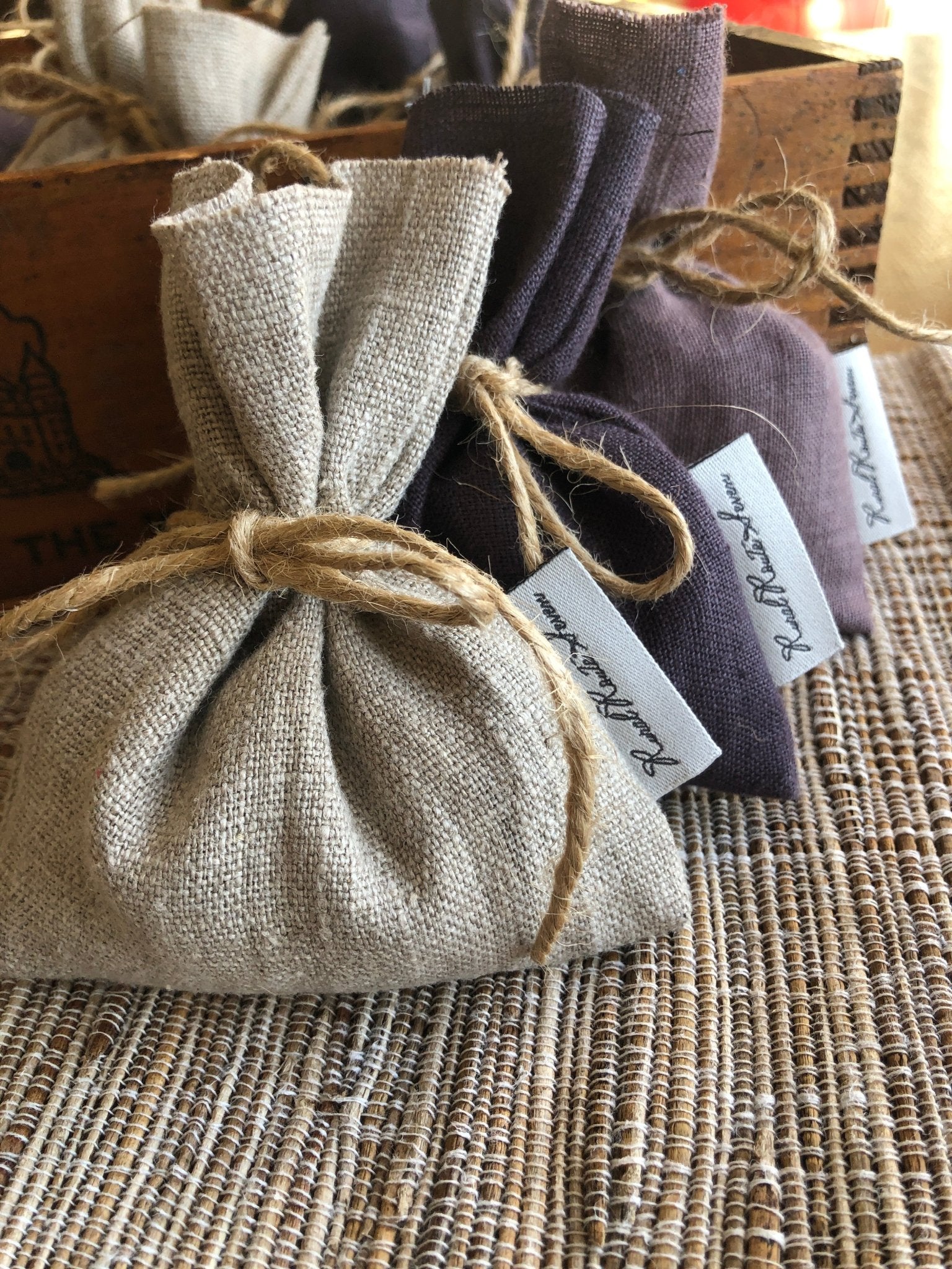 Linen Lavender Sachets in natural flax, dark purple, dusty purple